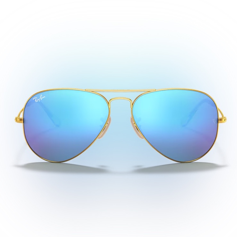 New!!! Never worn. Ray-Ban Gold Aviator Sunglasses with Reflective Blue Lenses
